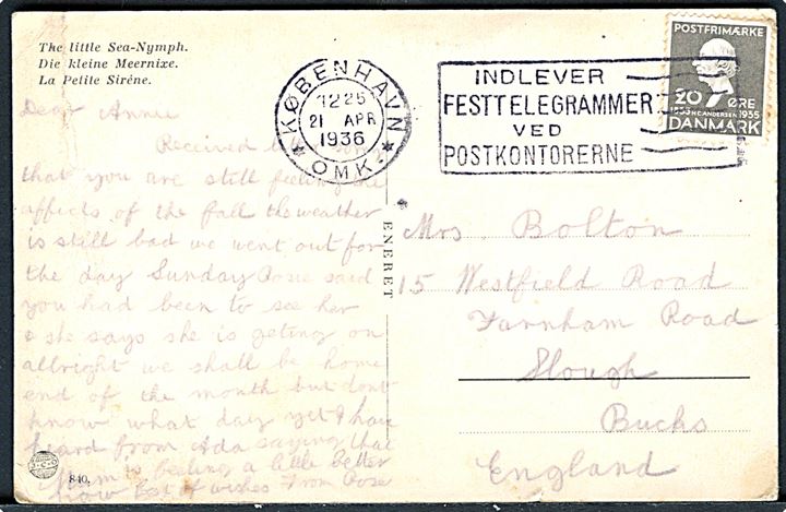 20 øre H. C. Andersen på brevkort fra København d. 21.4.1936 til Slough, England.