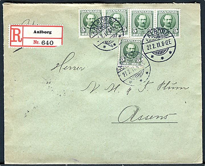 5 øre Fr. VIII (5) på anbefalet brev fra Aalborg d. 27.2.1911 til Assens.