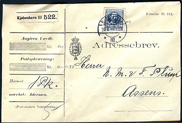20 øre Fr. VIII single på adressebrev for pakke fra Kjøbenhavn d. 30.8.1911 til Assens.