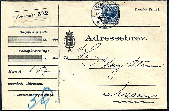 20 øre Fr. VIII single på adressebrev for pakke fra Kjøbenhavn d. 12.7.1909 til Assens.
