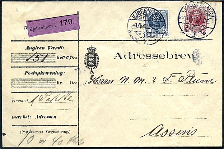 20 øre og 50 øre Fr. VIII på adressebrev for værdipakke fra Kjøbenhavn d. 1.4.1911 til Assens