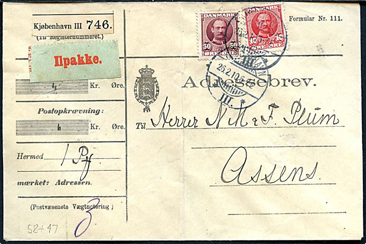 10 øre og 50 øre Fr. VIII på adressebrev for ilpakke fra Kjøbenhavn d. 26.2.1910 til Assens.