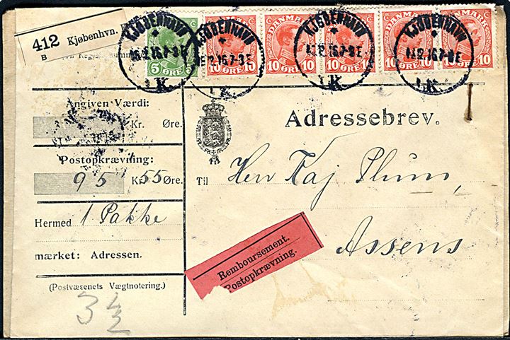 5 øre og 10 øre (5) Chr. X på adressebrev for pakke med opkrævning fra Kjøbenhavn d. 16.12.1916 til Assens.