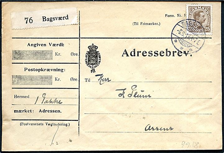 25 øre Chr. X single på adressebrev for pakke fra Bagsværd d. 9.9.1918 til Assens.