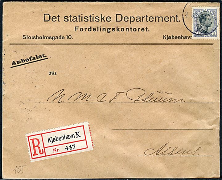40 øre Chr. X single på anbefalet brev fra Kjøbenhavn d. 3.6.1920 til Assens.