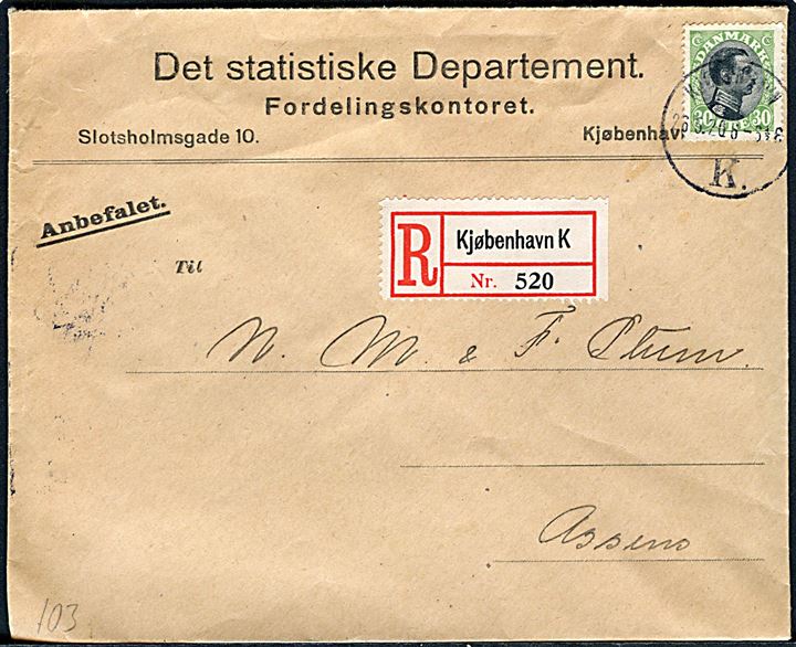 30 øre Chr. X single på anbefalet brev fra Kjøbenhavn d. 26.5.1920 til Assens.