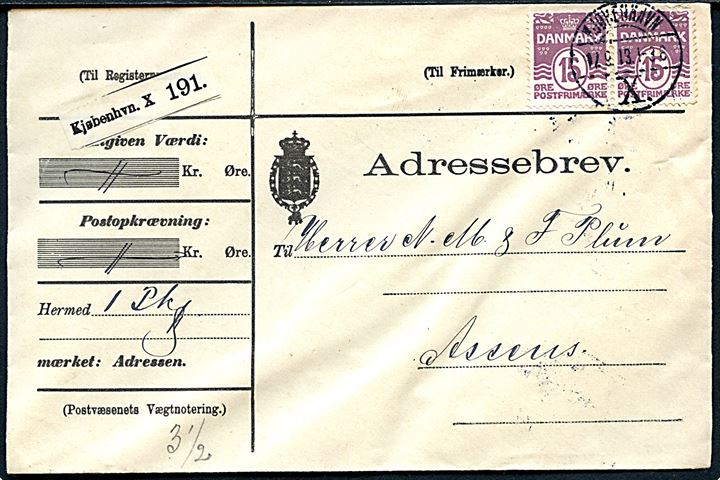 15 øre Bølgelinie i parstykke på adressebrev for pakke fra Kjøbenhavn d. 17.9.1913 til Assens.