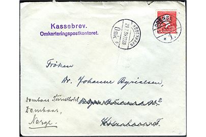 15 øre H. C. Andersen på brev fra Odense 1 d. 19.2.1936 til København - eftersendt til Dombaas, Norge med violet stempel: Kassebrev / Omkarteringspostkontoret.