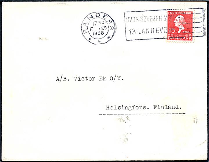 15 øre H.C.Andersen på brev fra Randers d. 17.2.1936 til Helsingfors, Finland.