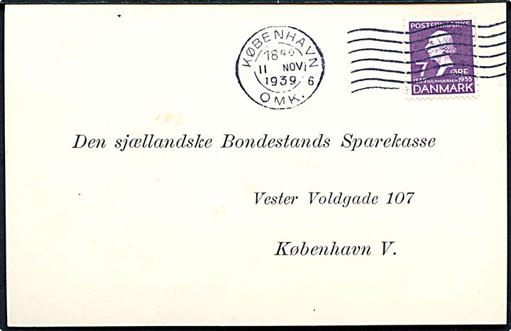 7 øre H. C. Andersen på lokal tryksags-brevkort i København d. 11.11.1939.
