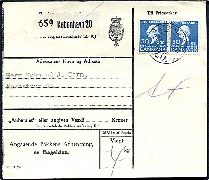30 øre H. C. Andersen i parstykke på adressekort for pakke fra København d. 27.3.1936 til Knabstrup St.