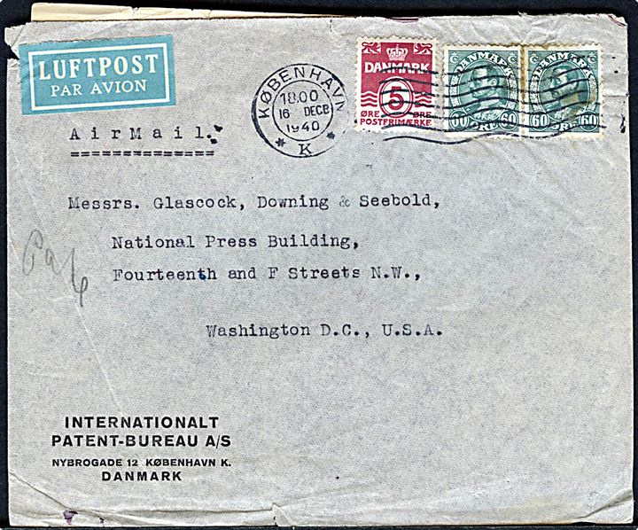 5 øre Bølgelinie og 60 øre Chr. X (2) på luftpostbrev fra København d. 16.12.1940 til Washington, USA. Åbnet af tysk censur i Berlin.
