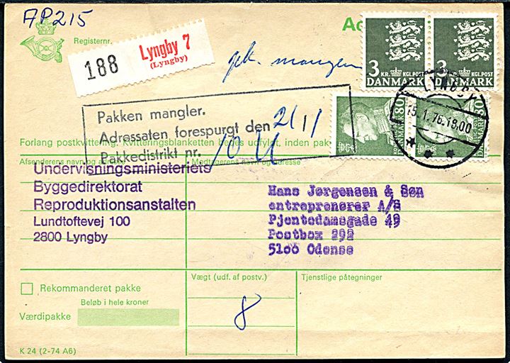 80 øre Fr. IX og 3 kr. Rigsvåben i parstykker på adressekort for pakke fra Lyngby d. 15.1.1976 til Odense. Stemplet Pakke mangler.