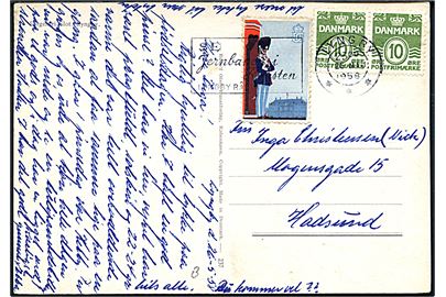 10 øre Bølgelinie i parstykke og Gardeforeningen mærkat på brevkort fra Lyngby d. 26.5.1958 til Hadsund.