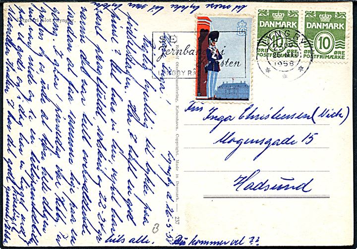 10 øre Bølgelinie i parstykke og Gardeforeningen mærkat på brevkort fra Lyngby d. 26.5.1958 til Hadsund.