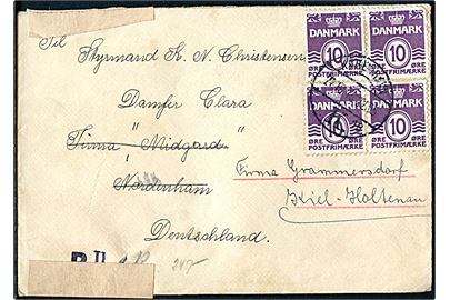 10 øre Bølgelinie (4) på brev fra København d. 24.10.1940 til sømand ombord på S/S Clara i Nordenham, Tyskland - eftersendt til Kiel-Holtenau. Åbnet af tysk censur i Hamburg,