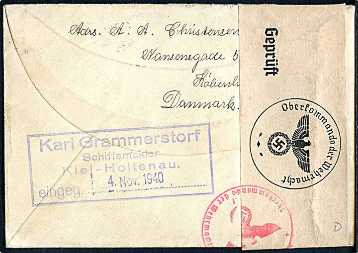 10 øre Bølgelinie (4) på brev fra København d. 24.10.1940 til sømand ombord på S/S Clara i Nordenham, Tyskland - eftersendt til Kiel-Holtenau. Åbnet af tysk censur i Hamburg,