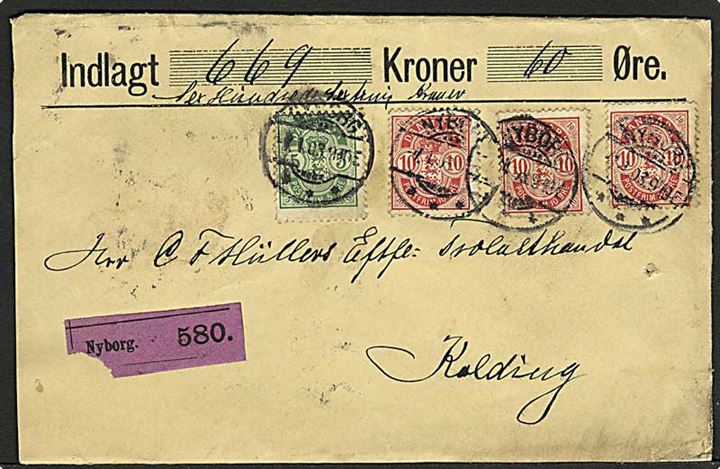 5 øre grøn og 10 øre rød våbentype på værdibrev fra Nyborg d. 4.1.1903 til Kolding.