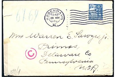40 øre Karavel på brev fra København d. 29.11.1940 til Primos, USA. Åbnet af tysk censur i Berlin.