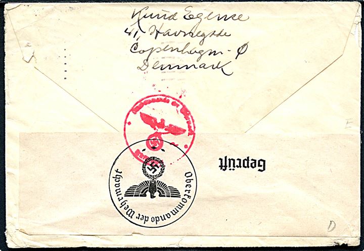 40 øre Karavel på brev fra København d. 29.11.1940 til Primos, USA. Åbnet af tysk censur i Berlin.
