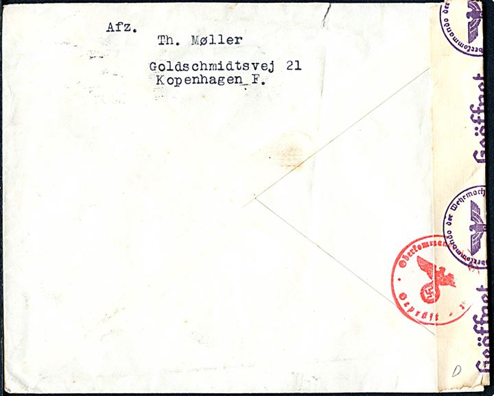 40 øre Karavel på brev fra København d. 2.9.1940 til 's Gravenhage, Holland. Åbnet af tysk censur.