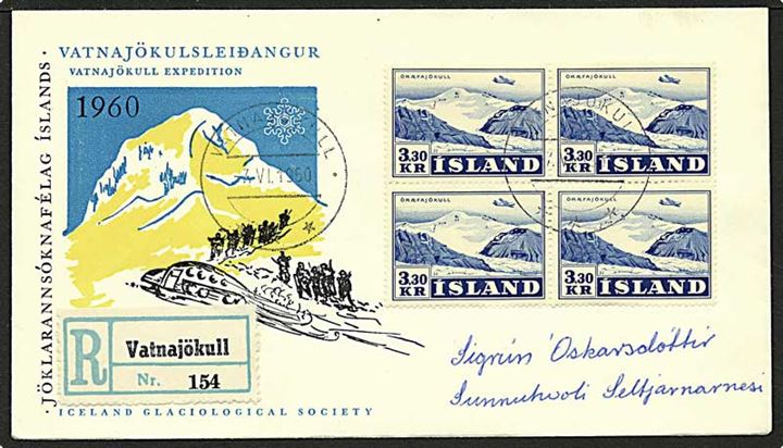 3,30 kr. blå Öræfajökull på Rec. brev fra Vatnajökull, Island, d. 7.6.1960.