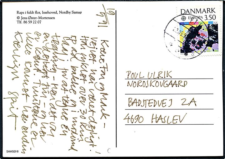 3,50 kr. Europa udg. på brevkort annulleret med PTJ-stempel sn8 d. 20.5.1991 T.7592A til Haslev.