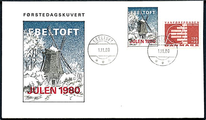 130+20 øre Vanførefonden og Ebeltoft Julemærke 1980 på uadresseret særkuvert annulleret med brotype IIh postsparestempel Ebeltoft d. 1.11.1980.