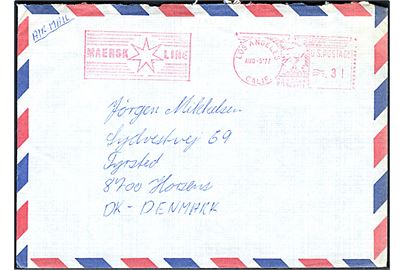 Amerikansk 31 cents firmafranko fra Maersk Line på luftpostbrev fra Los Angeles d. 5.8.1977 til Horsens, Danmark. Bagklap mgl.