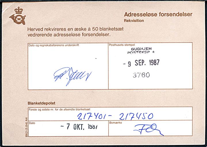 Postsag vedr. rekvisition af Adresseløse Forsendelser B62 (5.85) A4 fra Gudhjem d. 1.9.1987 til Blanketdepotet i Glostrup.