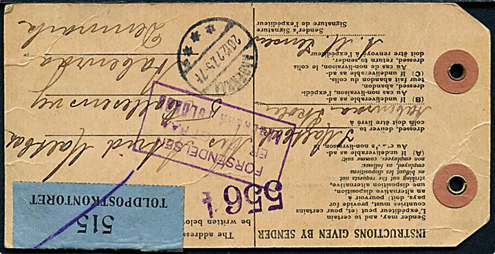 Amerikansk Manila-mærke for forsendelse fra New York d. 1.12.1927 via Toldpostkontoret til Aabenraa, Danmark.