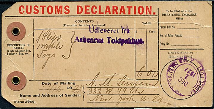 Amerikansk Manila-mærke for forsendelse fra New York d. 1.12.1927 via Toldpostkontoret til Aabenraa, Danmark.
