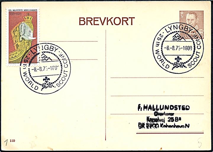 20 øre helsagsbrevkort (fabr. 189) opfrankeret med 30 øre Modelkammer annulleret med spejderstempel Lyngby 25th World Scout Conf. d. 8.8.1975 til København.