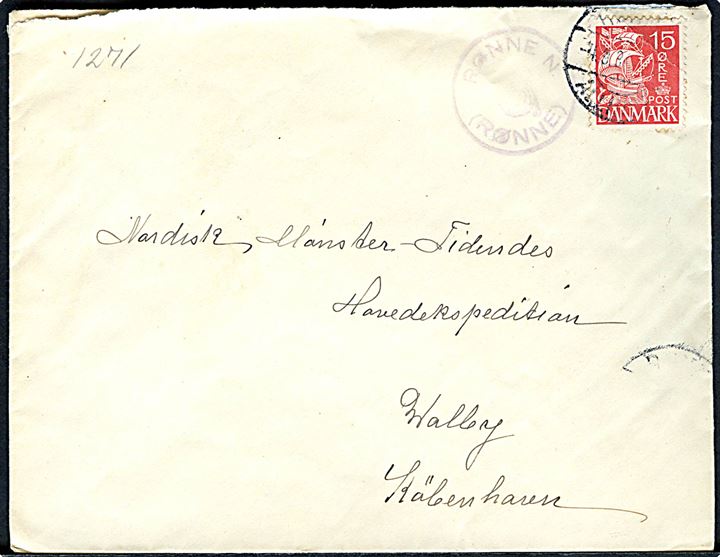 15 øre Karavel på brev annulleret med svagt bureaustempel Rønne - Allinge d. 4.9.1934 og sidestemplet med posthornstempel RØNNE N (RØNNE) til København.