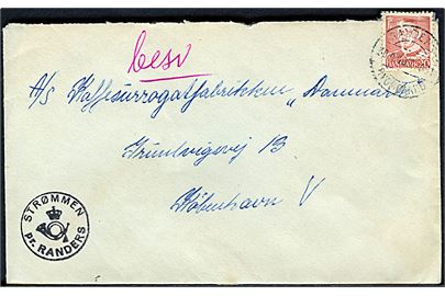 20 øre Fr. IX (yderligt placeret) på brev annulleret med svagt bureaustempel Randers - Ryomgaard T.681 d. 30.4.1949 og sidestemplet med posthornstempel STRØMMEN pr. RANDERS til København.