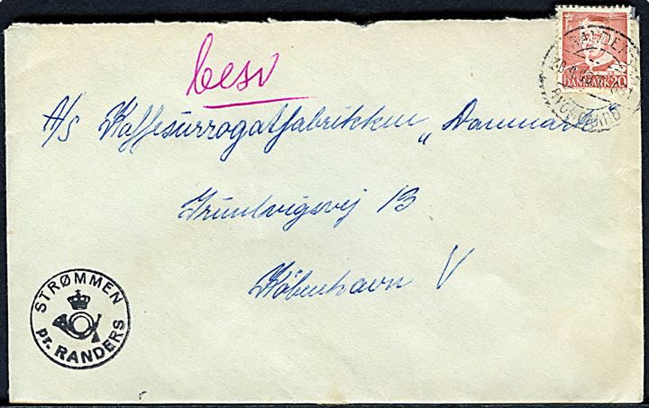 20 øre Fr. IX (yderligt placeret) på brev annulleret med svagt bureaustempel Randers - Ryomgaard T.681 d. 30.4.1949 og sidestemplet med posthornstempel STRØMMEN pr. RANDERS til København.
