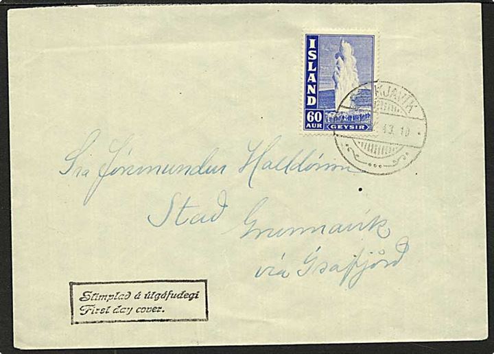 60 aur blå Geysir på brev fra Reykjavik, Island,. d. 1.5.1943.