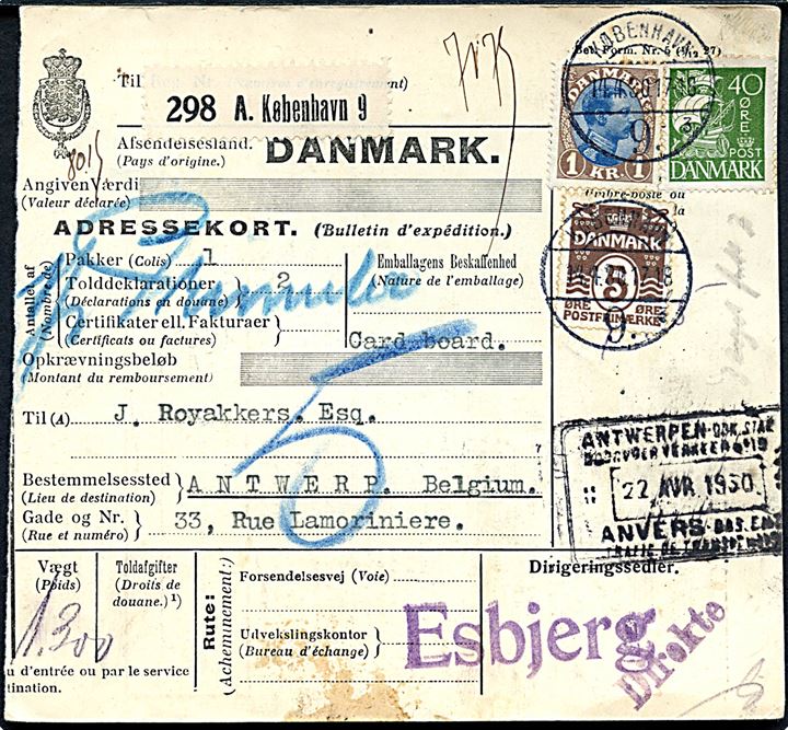 5 øre Bølgelinie, 40 øre Karavel og 1 kr. Chr. X på internationalt adressekort for pakke fra København d. 14.4.1930 til Antwerpen, Belgien.