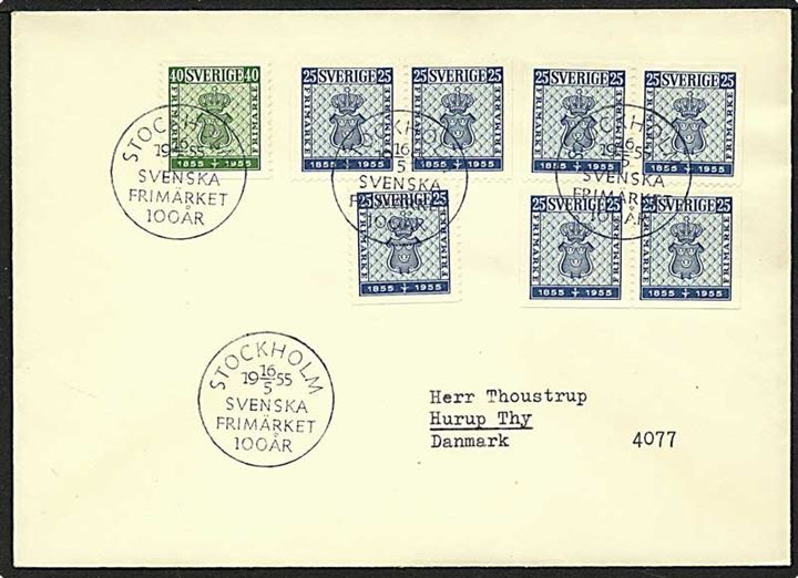 Komplet sæt frimærkejubilæum på brev fra Stockholm, Sverige, d. 16.5.1955 til Hurup.