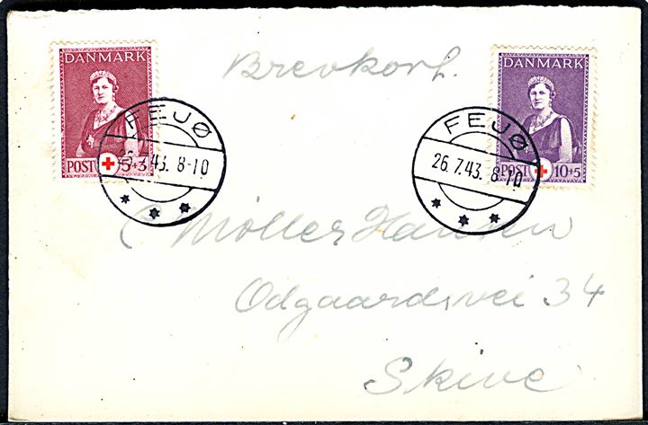5+3 øre og 10+5 øre Røde Kors på brevkort annulleret med brotype IIc Fejø d. 26.7.1943 til Skive. På bagsiden liniestempel: Fejø Postkontor.