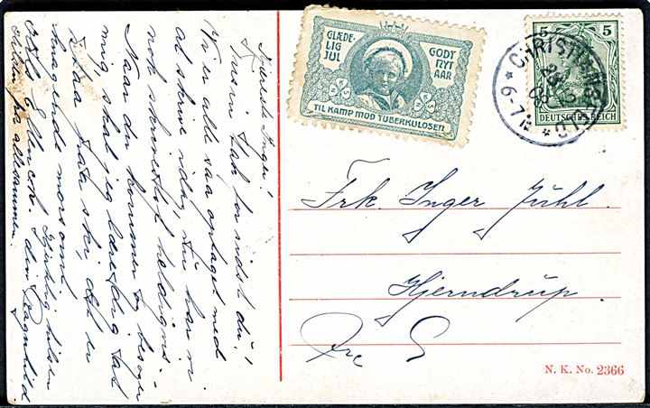 5 pfg. Germania på brevkort stemplet Christiansfeld d. 28.12.1908 til Hjermdrup. Påsat NORSK Julemærke.
