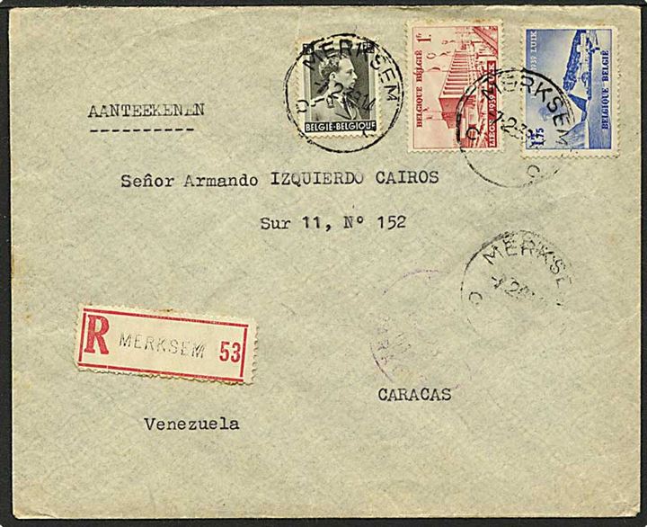 3,50 frank på Rec. brev fra Merksem, Belgien, d. 1.2.1939 til Caracas, Venezuela.