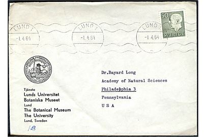 50 öre Gustaf single på brev fra Lund d. 1.4.1964 til Philadelphia, USA.