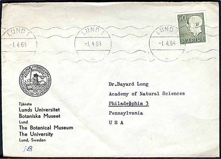50 öre Gustaf single på brev fra Lund d. 1.4.1964 til Philadelphia, USA.
