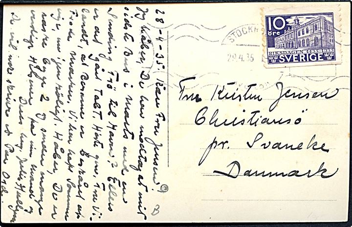 10 öre Riksdagen på brevkort fra Stockholm d. 29.4.1935 til Christiansø pr. Svaneke, Bornholm. 