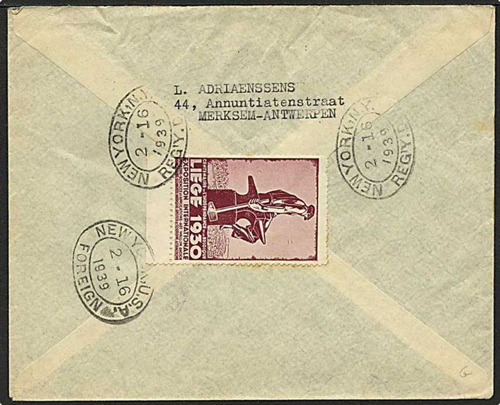 3,50 frank på Rec. brev fra Merksem, Belgien, d. 1.2.1939 til Caracas, Venezuela.