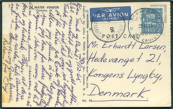 90 øre på luftpost brevkort (Water Vendor, Curacao) annulleret med skibsstempel M/S Oslofjord Posted on board on cruise d. 29.12.1965 med transit stempel Paquebot - Kingston Jamaica d. 29.12.1965 til Lyngby, Danmark.