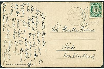 5 øre Posthorn på brevkort annulleret med sejlende bureaustempel Hardanger - Søndhordslands Posteksp. G. d. 19.12.1917 til Förde i Söndhordland.