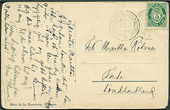 5 øre Posthorn på brevkort annulleret med sejlende bureaustempel Hardanger - Søndhordslands Posteksp. G. d. 19.12.1917 til Förde i Söndhordland.