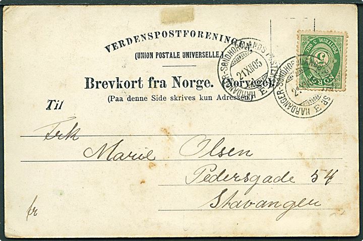 5 øre Posthorn på brevkort annulleret med sejlende bureaustempel Hardanger - Søndhordslands Posteksp. E. d. 21.12.1905 til Stavanger.